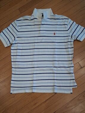 Polo by Ralph Lauren White Polo with Blue Stripes and Red Pony